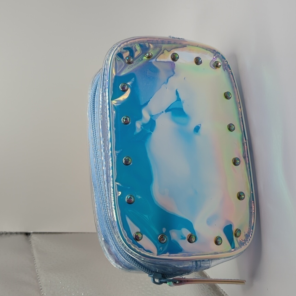 Clear iridescent makeup bag with rhinestones